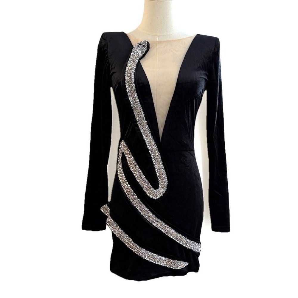 Embellished Black Velvet Bodycon Mini Dress S/M Statement Cocktail Evening Glam
